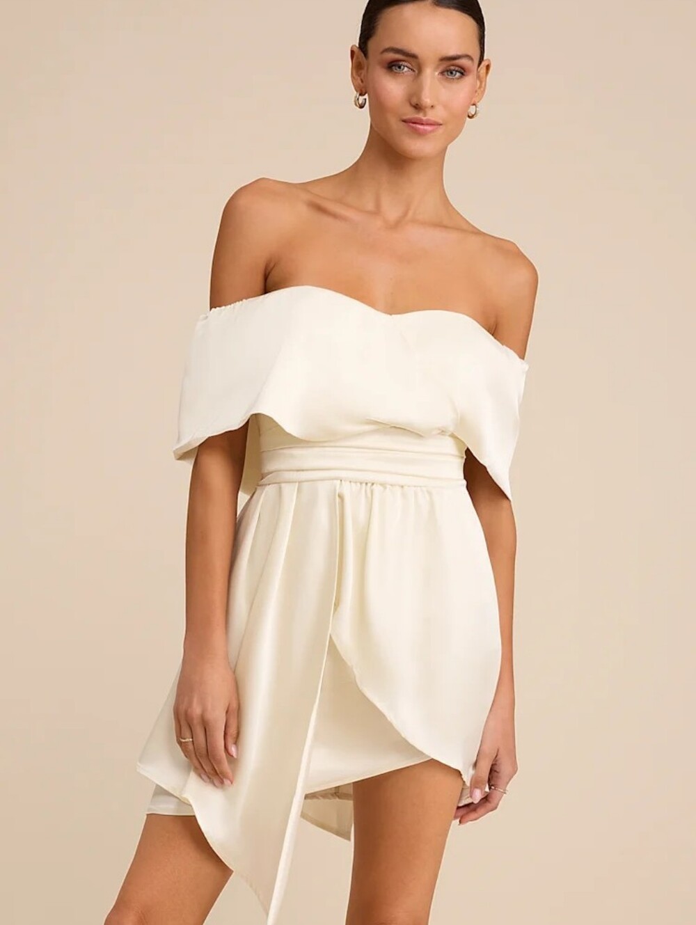 Lulus Always Celebrating Ivory Satin Off the Shoulder Mini Dress